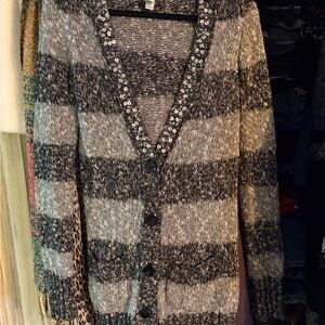 Women's Gray Striped Sweater with Embellished Collar